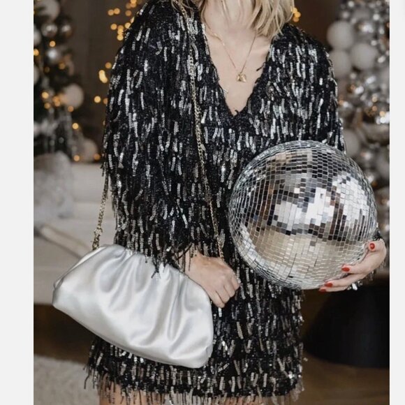 Zara Fringed Sequin Mini Shift Dress Long Sleeve Black Silver Size XXL - Picture 5 of 11